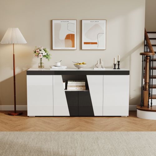 Buffet Noir Et Blanc Avec 4 Portes, Bande LED, Compartiments Ouverts, Sans Poignées
