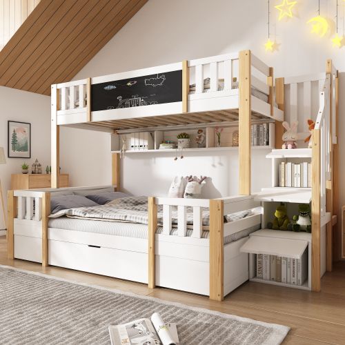 Lit Superposé 90x200 Et 140x200 Avec Tiroirs Et Escalier De Rangement, Tableau Noir, Blanc Et Bois