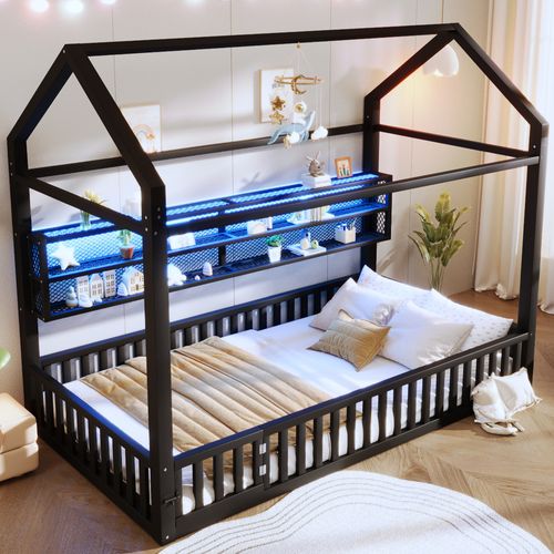 Lit Enfant 90x200 Cm, Lit Cabane Avec Barrière Et LED 7 Couleurs, En Métal, Noir