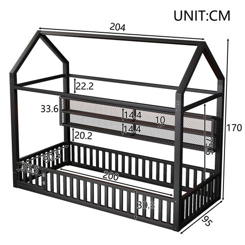 Lit Enfant 90x200 Cm, Lit Cabane Avec Barrière Et LED 7 Couleurs, En Métal, Noir