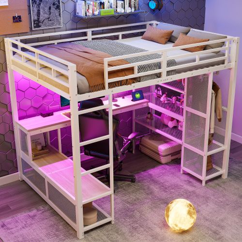 Lit Mezzanine 140x200 Cm Avec Bureau, LED Et Ports USB, En Métal, Blanc