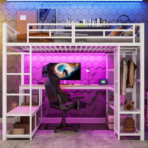 Lit Mezzanine 140x200 Cm Avec Bureau, LED Et Ports USB, En Métal, Blanc