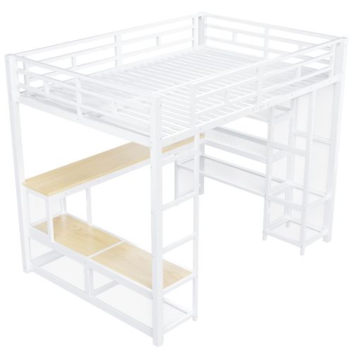 Lit Mezzanine 140x200 Cm Avec Bureau, LED Et Ports USB, En Métal, Blanc