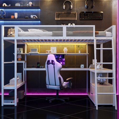 Lit Mezzanine 140x200 Cm Avec Bureau, LED Et Ports USB Et Type-c, En Métal, Blanc