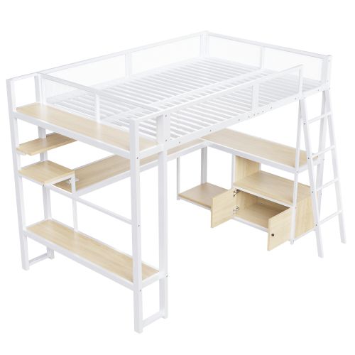 Lit Mezzanine 140x200 Cm Avec Bureau, LED Et Ports USB Et Type-c, En Métal, Blanc