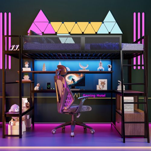 Lit Mezzanine 140x200 Cm En Métal Avec Bureau Et LED, Noir