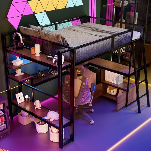 Lit Mezzanine 140x200 Cm En Métal Avec Bureau Et LED, Noir