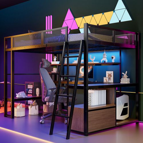 Lit Mezzanine 140x200 Cm En Métal Avec Bureau Et LED, Noir