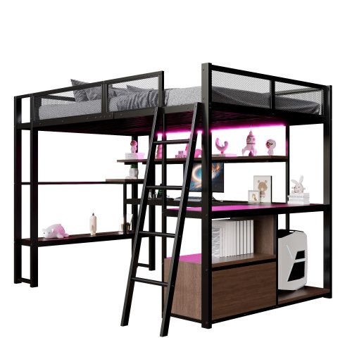 Lit Mezzanine 140x200 Cm En Métal Avec Bureau Et LED, Noir