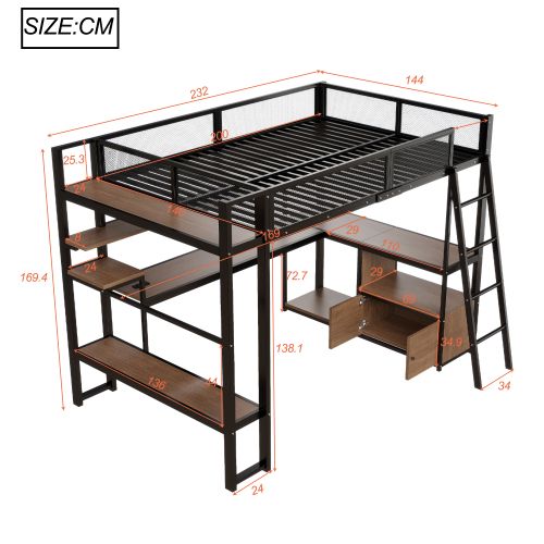 Lit Mezzanine 140x200 Cm En Métal Avec Bureau Et LED, Noir