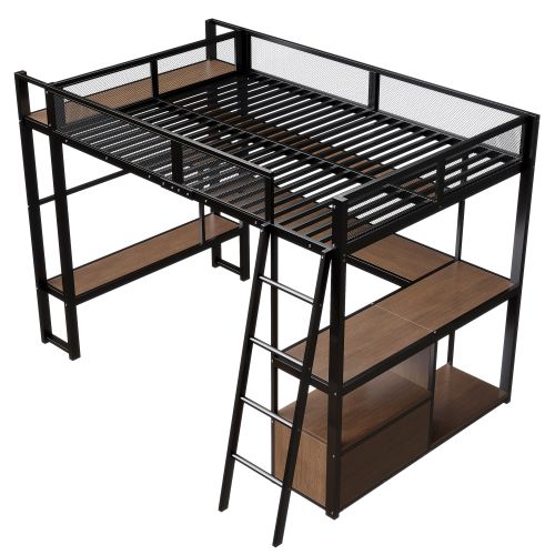 Lit Mezzanine 140x200 Cm En Métal Avec Bureau Et LED, Noir