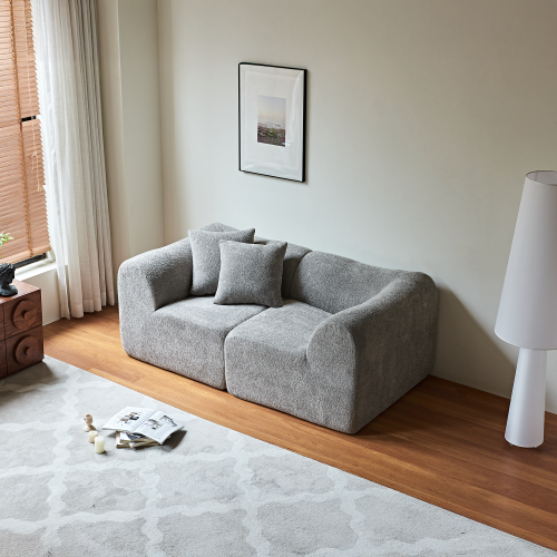 Canapé 2 Places En Velours Gris Compact Avec Coussins