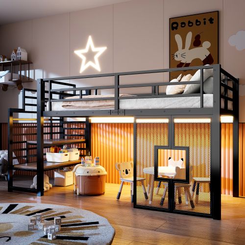 Lit Mezzanine 90x200 Cm Avec Escalier De Rangement Et LED, En Métal Noir