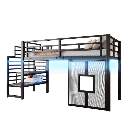 Lit Mezzanine 90x200 Cm Avec Escalier De Rangement Et LED, En Métal Noir