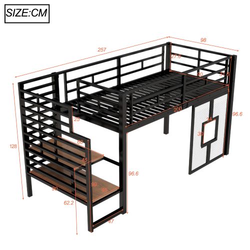Lit Mezzanine 90x200 Cm Avec Escalier De Rangement Et LED, En Métal Noir