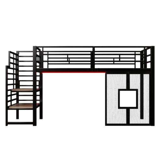 Lit Mezzanine 90x200 Cm Avec Escalier De Rangement Et LED, En Métal Noir