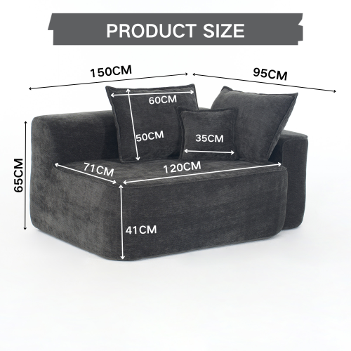 Canapé 2 Places 150 Cm En Chenille Noir Avec Poches Latérales