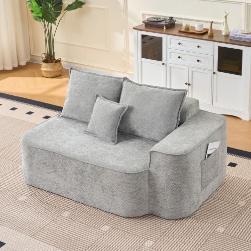 Canapé 2 Places 150 Cm En Chenille Gris Avec Poches Latérales