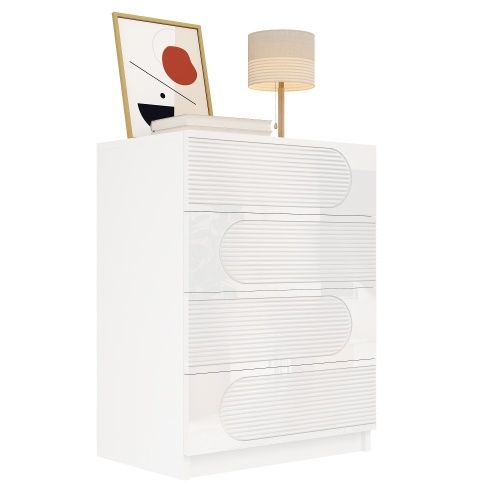 Commode Blanche à 4 Tiroirs 60 × 38.5 × 85 Cm, Façades Haute Brillance