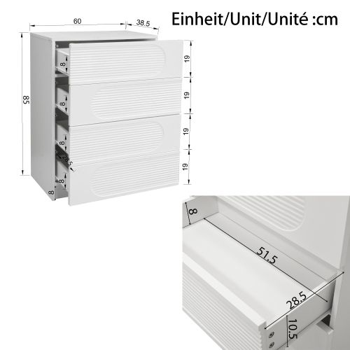 Commode Blanche à 4 Tiroirs 60 × 38.5 × 85 Cm, Façades Haute Brillance