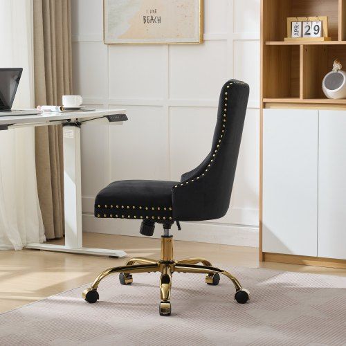 Chaise De Bureau En Velours, Dossier Capitonné, Base Métal Doré, Noir