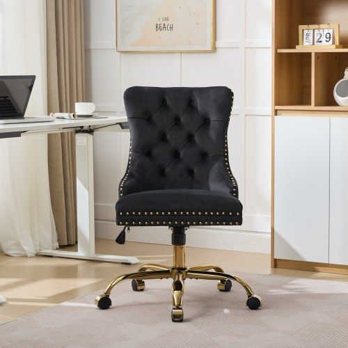 Chaise De Bureau En Velours, Dossier Capitonné, Base Métal Doré, Noir