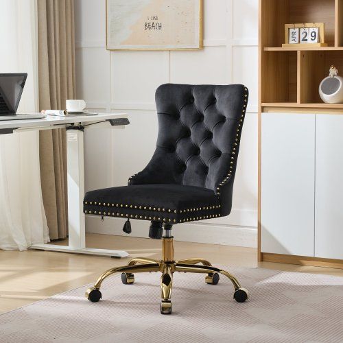 Chaise De Bureau En Velours, Dossier Capitonné, Base Métal Doré, Noir