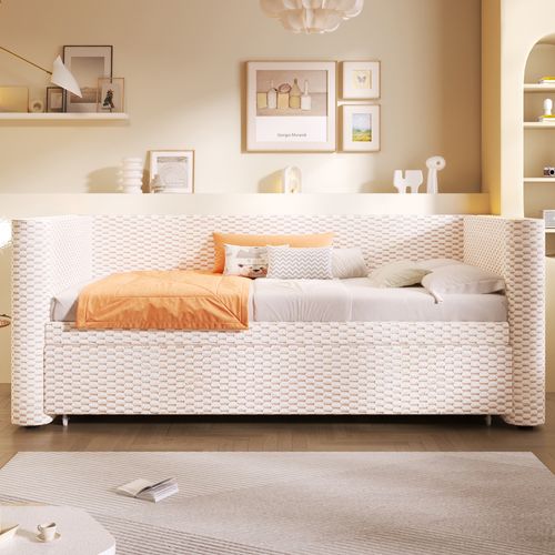 Lit Gigogne 90x200 Cm, Avec LED Et Sommier à Lattes, En Velours Beige