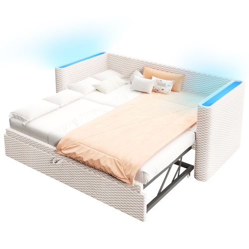 Lit Gigogne 90x200 Cm, Avec LED Et Sommier à Lattes, En Velours Beige