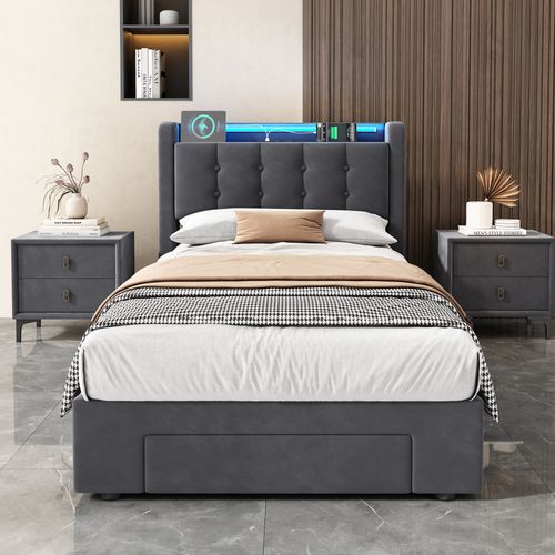 Lit Coffre 90x200 Cm, Lit Avec Tiroir, 2 Prises Électriques Et Ports USB, LED, En Velours Gris Foncé
