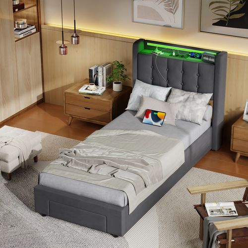Lit Coffre 90x200 Cm, Lit Avec Tiroir, 2 Prises Électriques Et Ports USB, LED, En Velours Gris Foncé