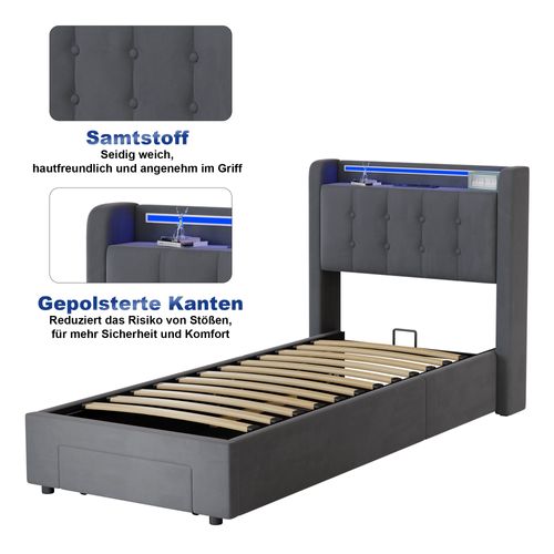 Lit Coffre 90x200 Cm, Lit Avec Tiroir, 2 Prises Électriques Et Ports USB, LED, En Velours Gris Foncé