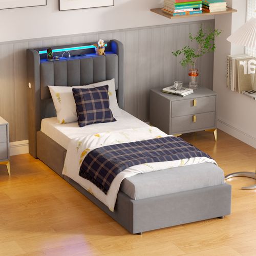 Lit Coffre Enfant 90x190 Cm, Tête De Lit Avec Prises Électriques Et USB, LED, En Velours Gris Foncé