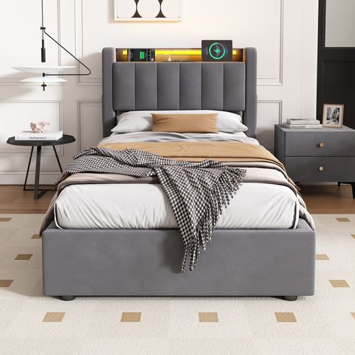 Lit Coffre Enfant 90x190 Cm, Tête De Lit Avec Prises Électriques Et USB, LED, En Velours Gris Foncé