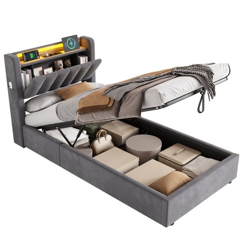 Lit Coffre Enfant 90x190 Cm, Tête De Lit Avec Prises Électriques Et USB, LED, En Velours Gris Foncé