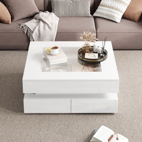 Table Basse Carrée Blanche Avec Plateau En Verre, LED Et 3 Tiroirs