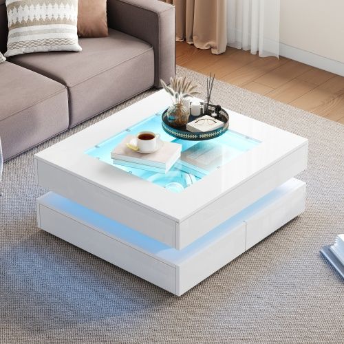 Table Basse Carrée Blanche Avec Plateau En Verre, LED Et 3 Tiroirs