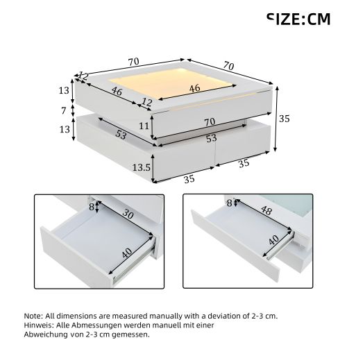 Table Basse Carrée Blanche Avec Plateau En Verre, LED Et 3 Tiroirs