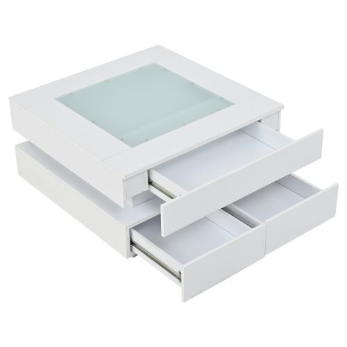 Table Basse Carrée Blanche Avec Plateau En Verre, LED Et 3 Tiroirs
