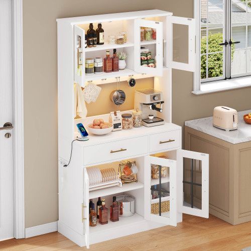 Buffet De Cuisine, Buffet Haut Blanc Avec LED Et 6 Portes, 2 Tiroirs