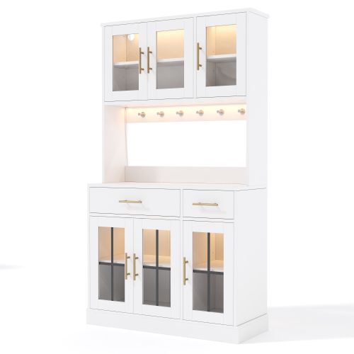 Buffet De Cuisine, Buffet Haut Blanc Avec LED Et 6 Portes, 2 Tiroirs