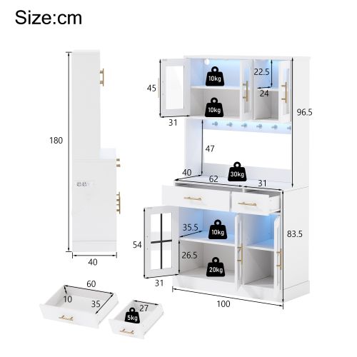 Buffet De Cuisine, Buffet Haut Blanc Avec LED Et 6 Portes, 2 Tiroirs