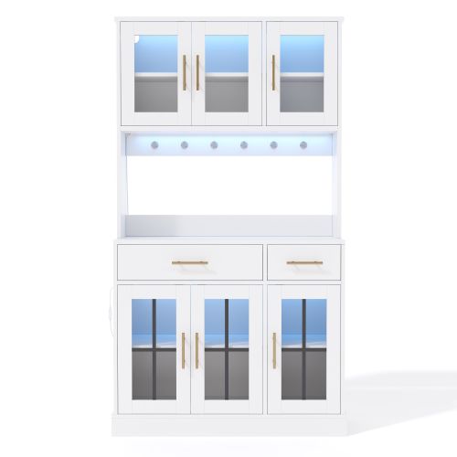 Buffet De Cuisine, Buffet Haut Blanc Avec LED Et 6 Portes, 2 Tiroirs