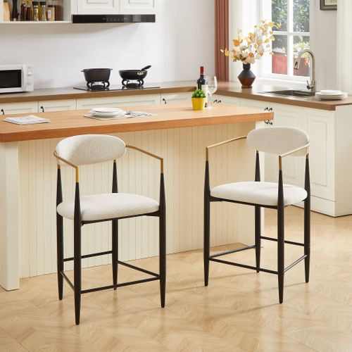 Lot De 2 Tabourets De Bar Avec Accoudoirs, Assise En Tissu, Beige