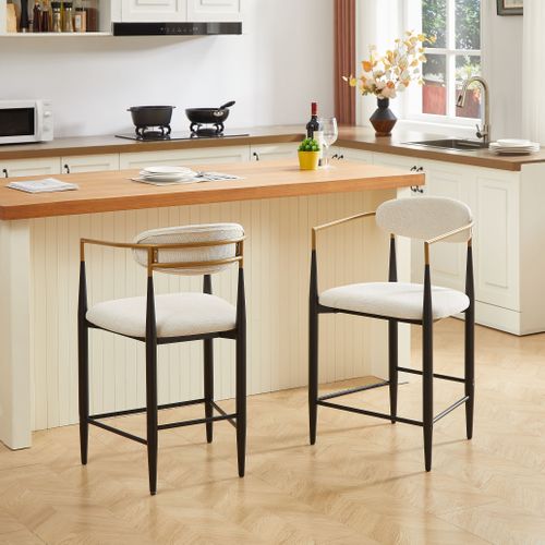Lot De 2 Tabourets De Bar Avec Accoudoirs, Assise En Tissu, Beige