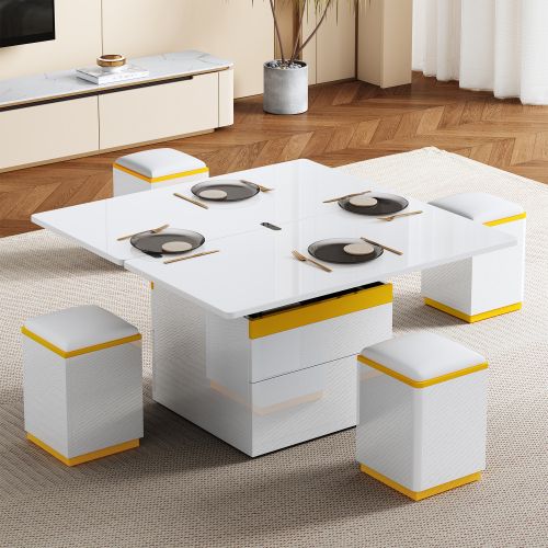 Table Basse Relevable Rectangulaire Blanche Et Jaune Avec Rangement Et 4 Tabourets