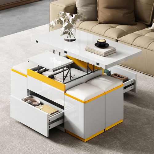 Table Basse Relevable Rectangulaire Blanche Et Jaune Avec Rangement Et 4 Tabourets