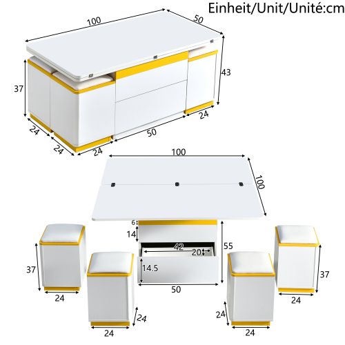 Table Basse Relevable Rectangulaire Blanche Et Jaune Avec Rangement Et 4 Tabourets