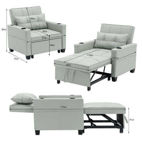 Fauteuil Convertible 1 Place 3 En 1 Vert Clair Avec Inclinaison Et USB