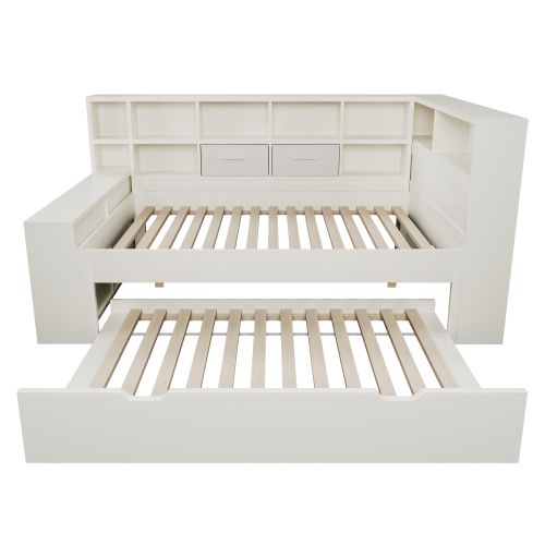 Lit Gigogne 90x200 Cm Et 90x190 Cm, Avec Rangements 3 Côtés Et Ports USB Et Type-c, Blanc